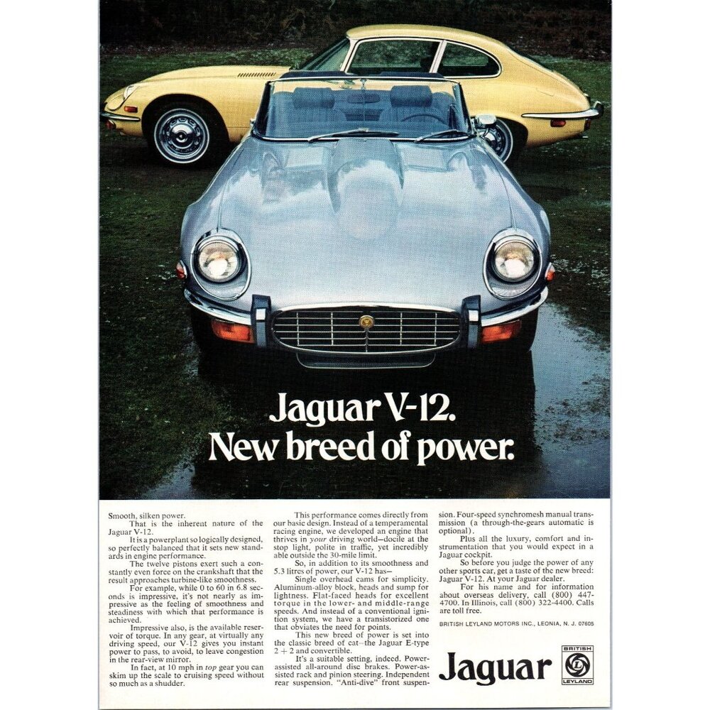 1973 Jag Jaguar V-12 Coupe and Covertible Vintage Print Ad Man Cave 70s Wall Art
